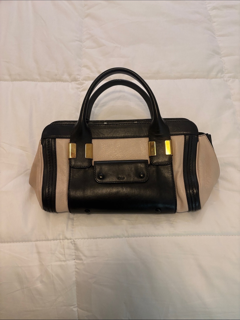 Chloe Alice Structured Two-Tone Leather Satchel - Black & cream